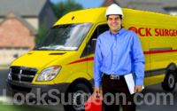 Mobile locksmith & door repair serviceman arrives delivering professional installation with commonly stocked product Calgary.